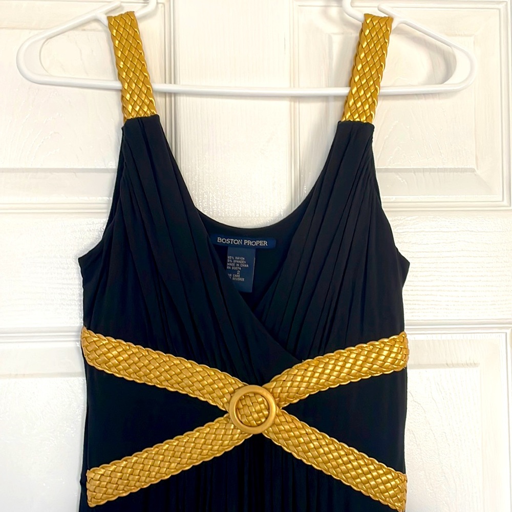 Black and gold knee length dress.